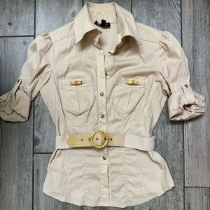 Bebe khaki/Tan blouse with bamboo pockets and belt